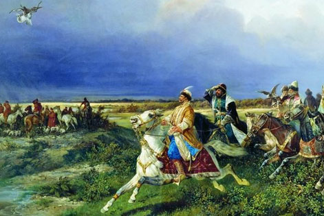 Царь Алексей Михайлович с боярами на соколиной охоте близ Москвы.